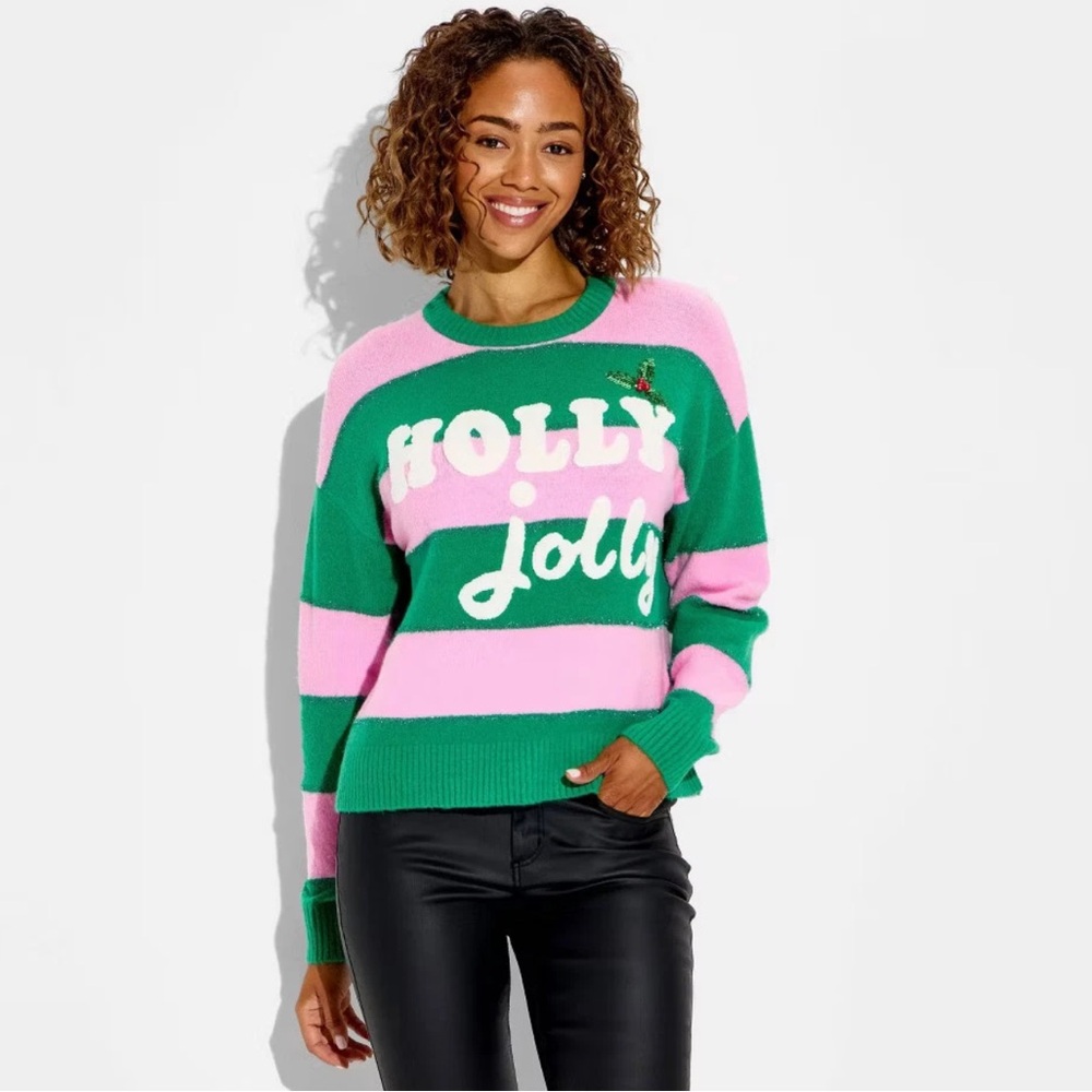 Women's Holly Jolly Festive Graphic Sweater - Multicolor Striped M